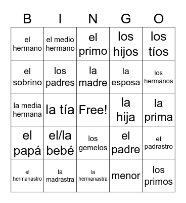 Los miembros de la familia - Family Members Bingo Card