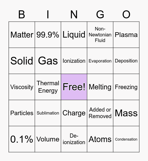 States of Matter Bingo Card