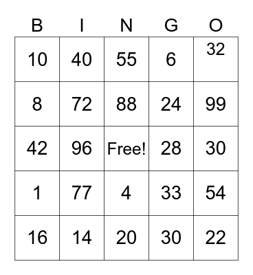 multiplication bingo Card