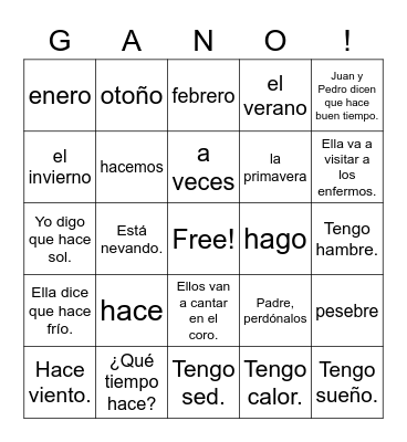 Spanish 1 Bingo Card