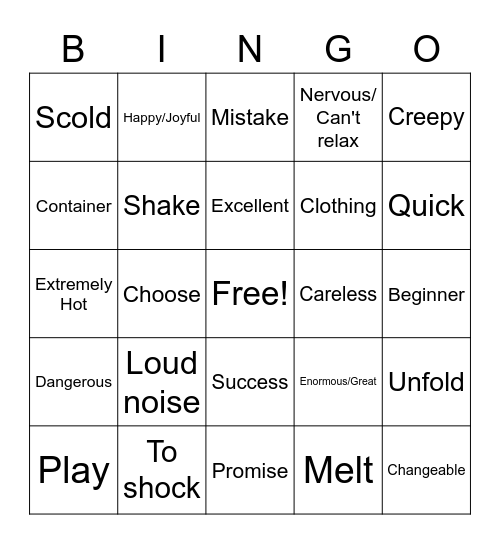 Vocabulary Bingo (Definitions) Bingo Card