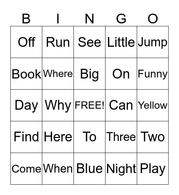 Sight Words  Bingo Card