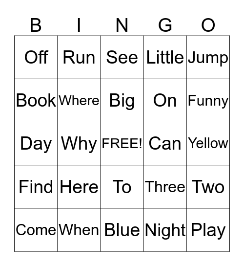Sight Words  Bingo Card