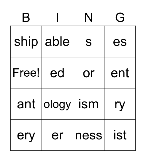 Noun Suffixes Bingo Card