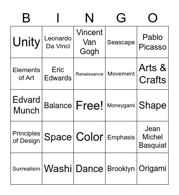 Visual Arts Bingo 3.0 Bingo Card