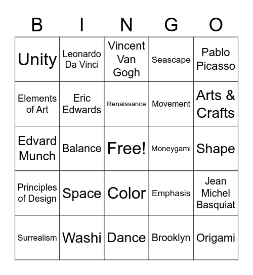Visual Arts Bingo 3.0 Bingo Card