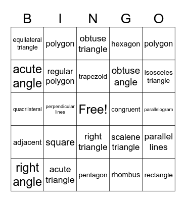 Geometry Vocab Bingo Card