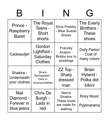 Kledij Bingo Card