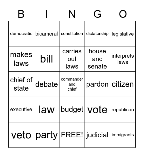 Civics Bingo Card