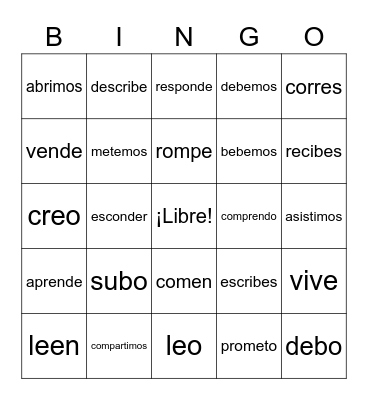 Regular -er and -ir verbs Bingo Card