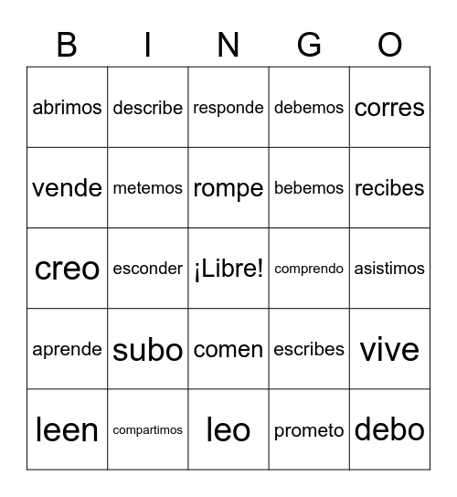 Regular -er and -ir verbs Bingo Card