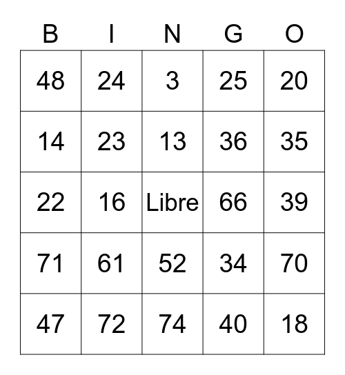 Números 1-75 Bingo Card