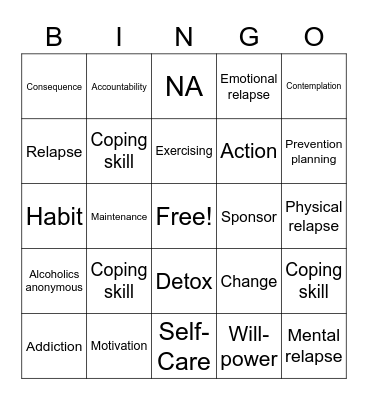 Recovery Skills Bingo Card