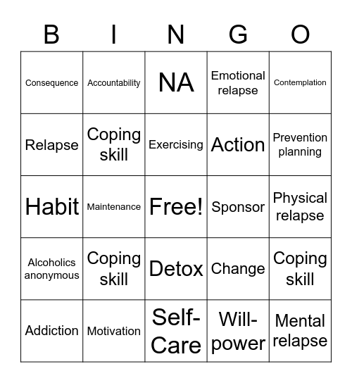 Recovery Skills Bingo Card