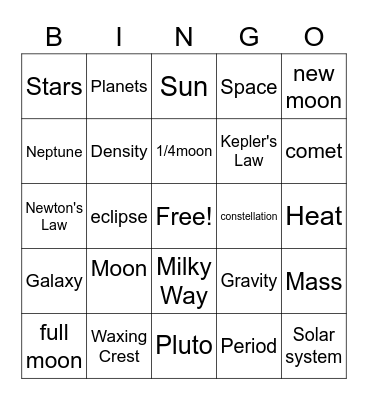 Astronomy Bingo Card