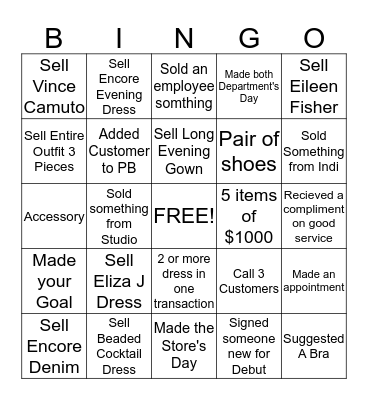 Dresses/Encore BINGO Card