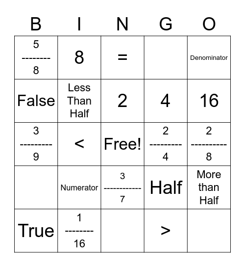 3rd Grade Fraction Bingo! Bingo Card