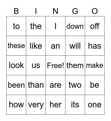 Sight Words Bingo Card
