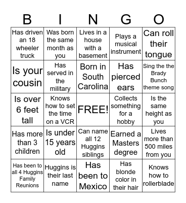 Huggins Family Reunion 2015 Bingo Card