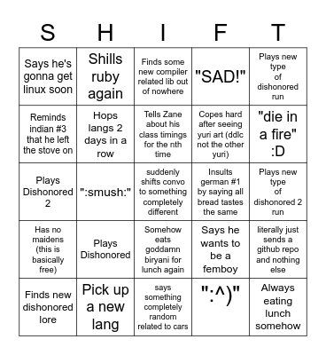 Shift does thing bingo card Bingo Card