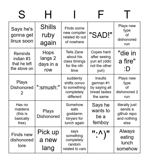 Shift does thing bingo card Bingo Card