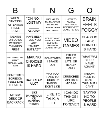 ADHD BINGO Card