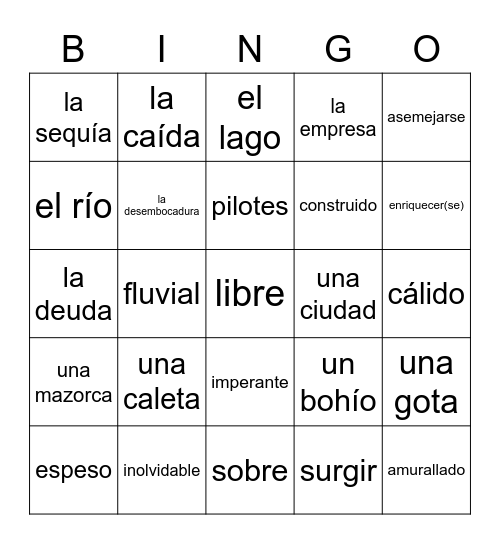 Vocabulario de Colombia y Venezuela Bingo Card