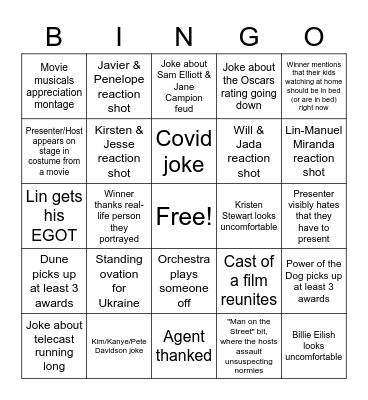 Oscars 2022 Bingo Card