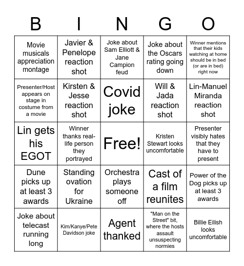 Oscars 2022 Bingo Card