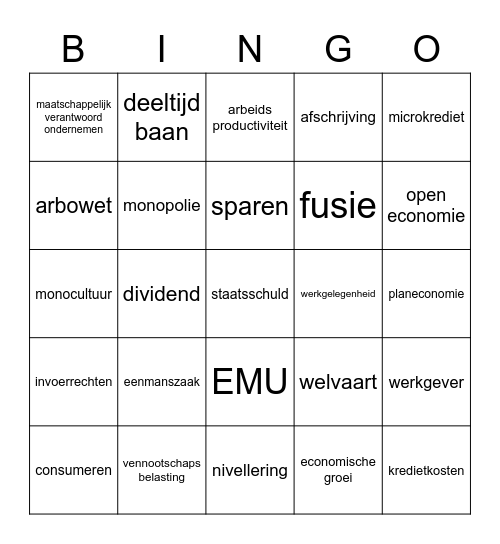 economische begrippen Bingo Card