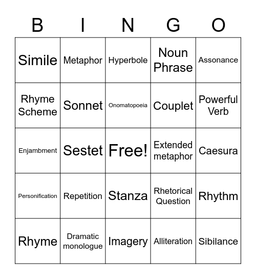 Poetric methods Bingo Card