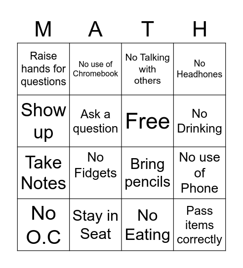 Math Class Bingo Card