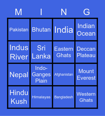 South Asia Geography Bingo Card