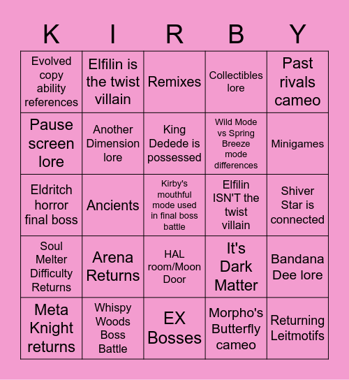 Kirby and the Forgotten Land Bingo Card
