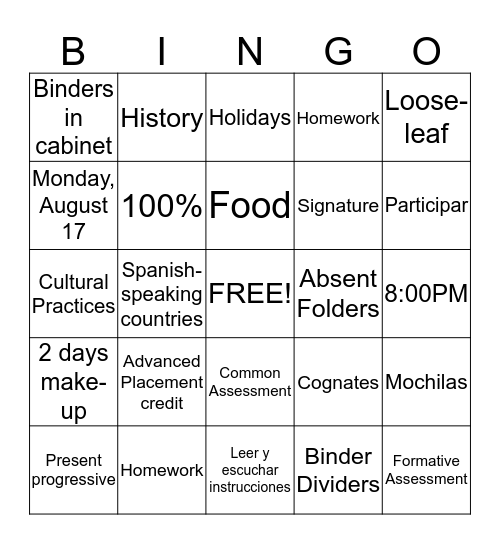 Spanish Syllabus Bingo Card