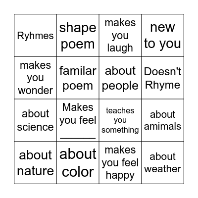 Poetry Bingo Card