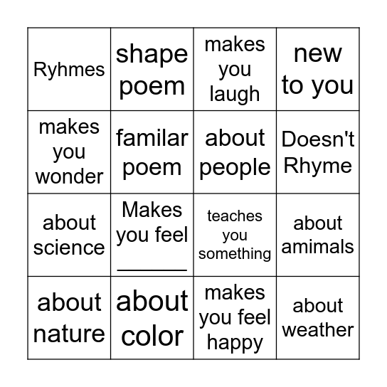 Poetry Bingo Card