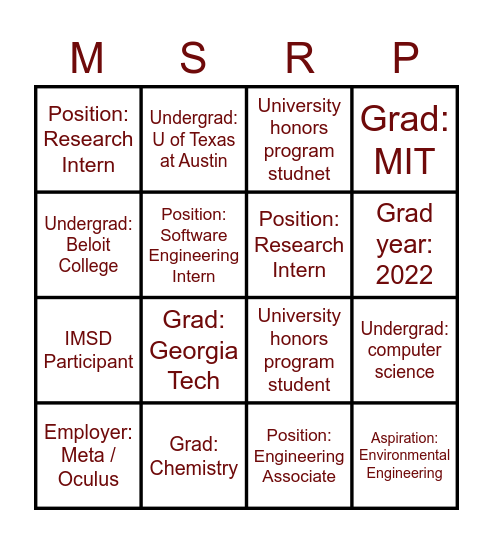 Virtual Alumni Networking Bingo Card