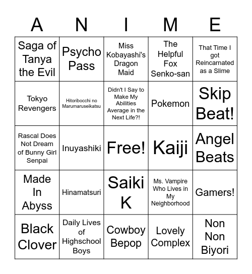 Anime Bingo Card