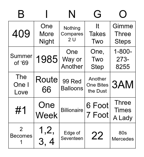 Round 3: Songs with Numbers Bingo Card