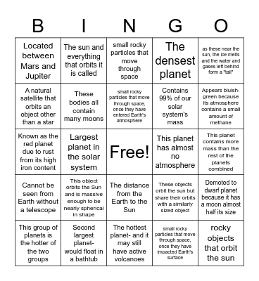 6th Grade Space Bingo Card