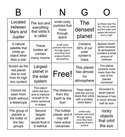 6th Grade Space Bingo Card