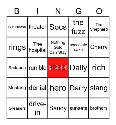 The Outsiders Bingo Card