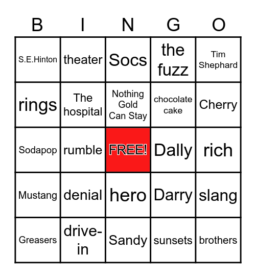 The Outsiders Bingo Card