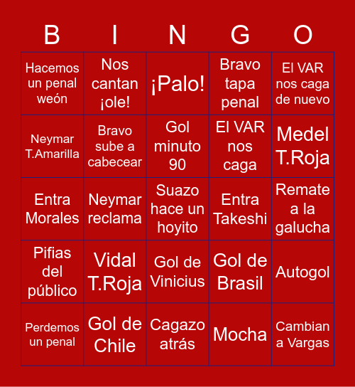 Brasil vs Chile 2022 Bingo Card