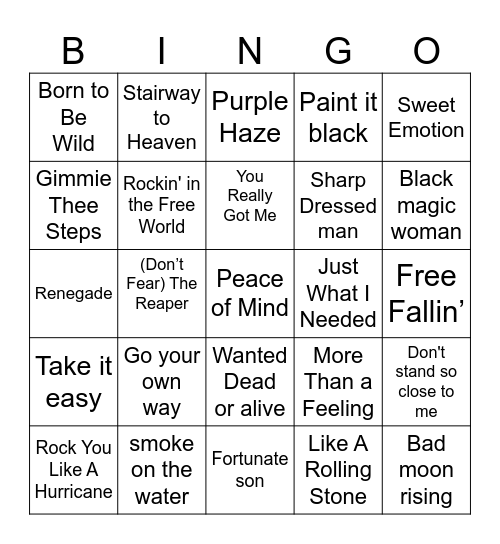 Rock n Roll Bingo Card