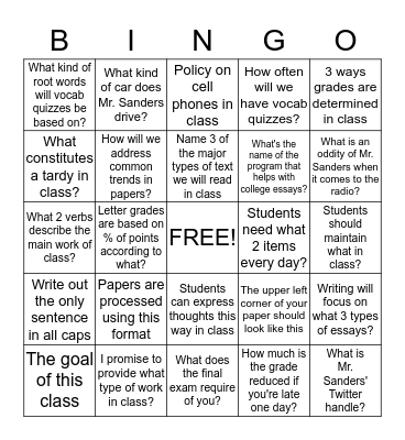 Syllabus Bingo Card