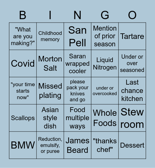 Top Chef Bingo Card