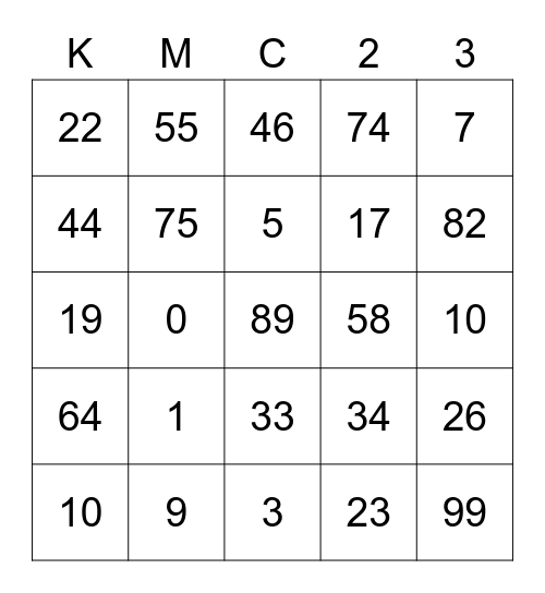 KMC-23 Bingo Card