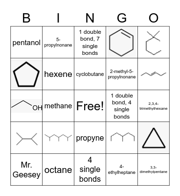 Organic Chemistry Bingo Card